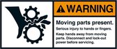 Warning Moving parts present sticker, ANSI, 2 per vel 45 x 100 mm