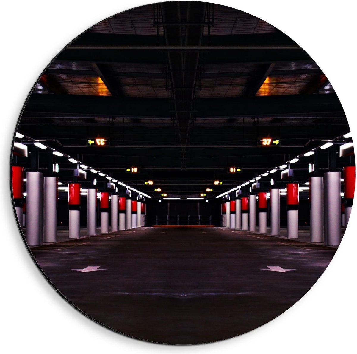 Dibond Wandcirkel - Parkeergarage met Rode Palen - 40x40cm Foto op Aluminium Wandcirkel (m