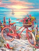 Denza - Diamond painting 40 x 50 cm fiets aan het water volledige bedrukking ronde steentjes direct leverbaar - fiets - bike - mand - zon - strand - oceaan - zee - bloemen - hoed -