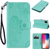 Leren bookcase iPhone 12 / iPhone 12 Pro - uil / bloemen - cyaan