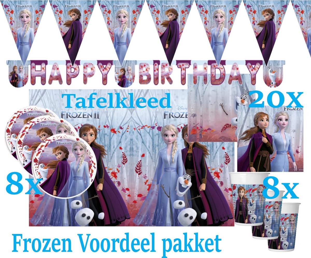 Frozen II Verjaardag Voordeel Versier Pakket XL met Gratis stickervel| Frozen II versier pakket | Groot Verjaardagspakket | Huis versieren in Frozen Stijl | Frozen Vlaggen Bordjes Servetten Tafelkleed Happy Birthday Slinger - Merkloos
