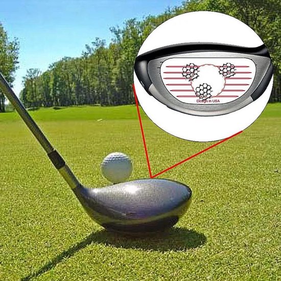 Golfclub met bal op grasveld, detail van clubblad met drie hexagonale patronen en 'Design in USA'.