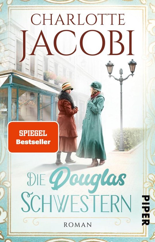 Twee vrouwen in lange jassen en hoeden staan op straat voor een winkel met 'Parfumerie' op de gevel. De titel 'Die Douglas Schwestern' staat eronder.