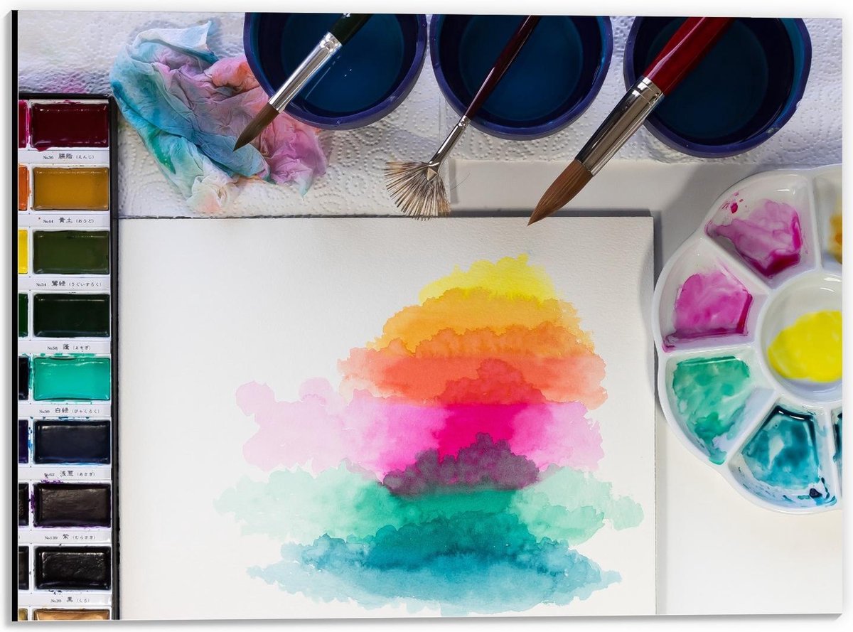 Dibond - Waterverf Spullen met Tekening - 40x30cm Foto op Aluminium (Wanddecoratie van metaal)