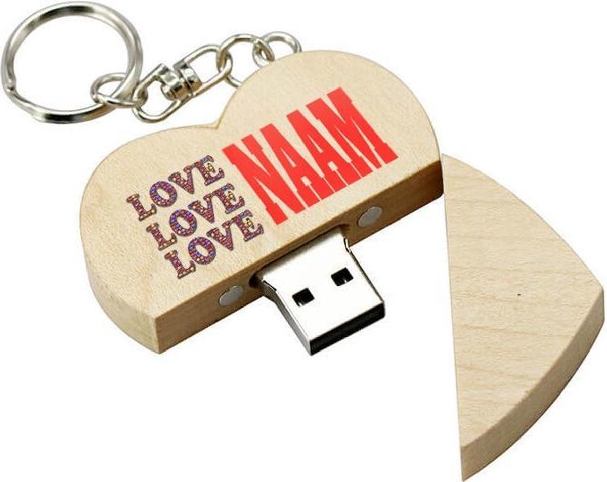 Valentijn cadeau hout hart usb stick met naam 32gb - model 1011 – hartje Valentijnsdag cadeau, Valentijnscadeau, Liefde cadeau, Liefdescadeau