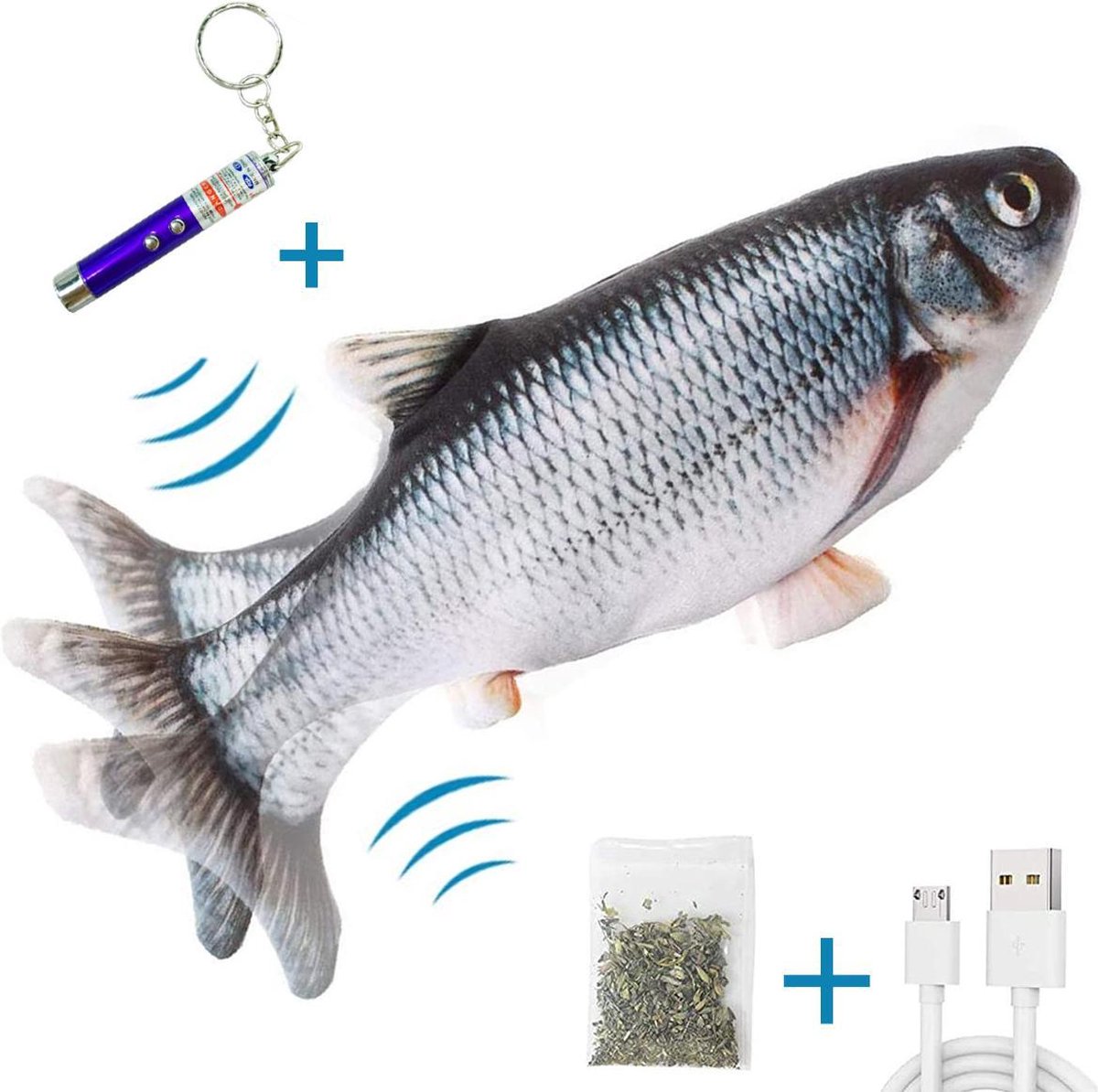 TwinQ Dansende Vis - Bewegende Vis met Kattenkruid - Kattenspeeltjes - USB oplaadbaar - Speelgoed voor katten - Incl. Kattenlampje - TwinQ