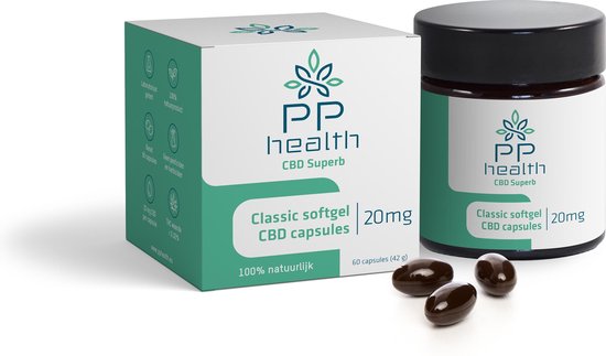 PP Health - CBD Softgel Capsules 1200 mg (20mg per capsules) - Full Spectrum - Biologische kwekerij in Zwitserland met een strikte selectie van de best volgroeide planten - 60 stuks