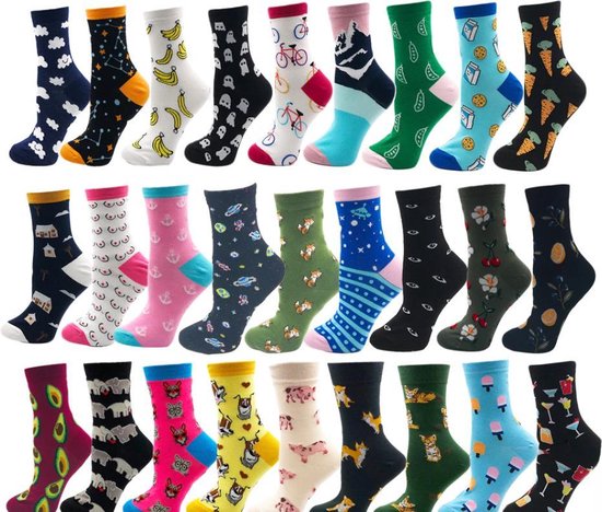Dames sokken 7 paar - random / mix / met leuke print / grijs - blauw - wit  - roze -... | bol.com