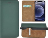 iPhone 12 hoesje - Bookcase - Portemonnee Hoes Ultra dun Echt leer Wallet case Dennengroen
