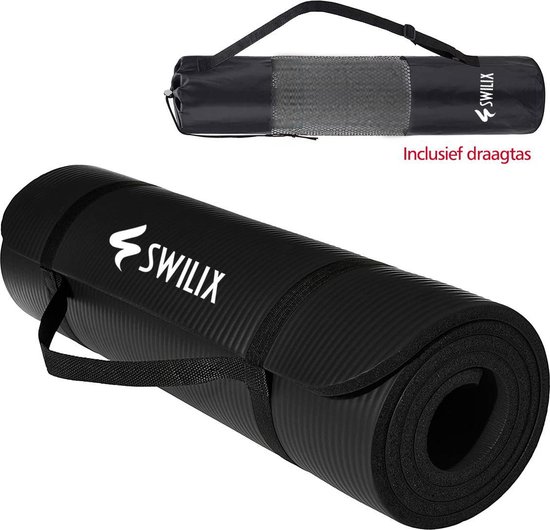SWILIX ® Fitness Mat - Incl. Draagriem En Draagtas - Zwart - 190 x 66 x 1.5 cm