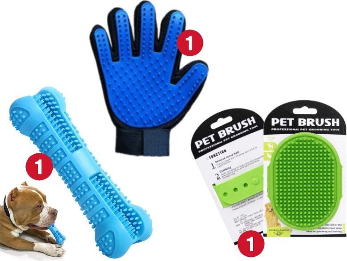 Honden Verzorgingsset - Honden Tandenborstel (Blauw) + Vachtborstel voor Hond (Groen) + Dierenhaar Handschoen