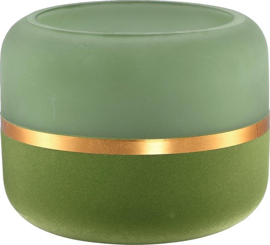 PTMD kaarsenhouder - Dorotah groen glazen windlicht rond met gouden rand L diameter 18 cm.