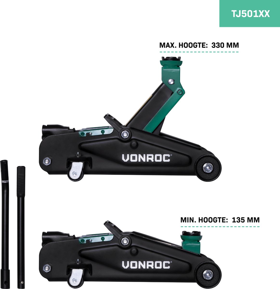 VONROC Car jack – Garage jack – 2 tonnes – Max. 33 cm. – Incl. long lift lever