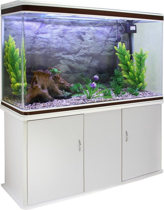 Aquarium 300 L Wit starterset inclusief meubel - Naturel grind - 120.5 cm x 39 cm x 143,5 cm - filter, verwarming, ornament, kunstplanten, luchtpomp fish tank