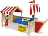 WICKEY Kinderbed, Eenpersoonsbed Crazy Finny rood dekzeil, Houten bed 90 x 200 cm