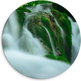 Dibond Wandcirkel - Watervallen op Groene Rotsen - 80x80cm Foto op Aluminium Wandcirkel (met ophangsysteem)