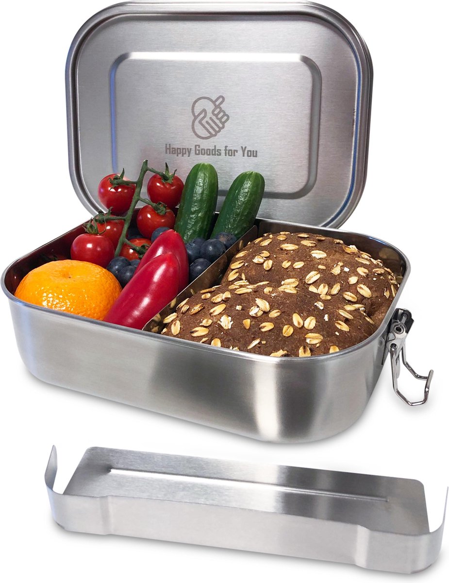Happy Goods RVS Lunchbox 1400ML - 100% Waterdicht - uitneembare Scheidingswand - Broodtrommel voor k
