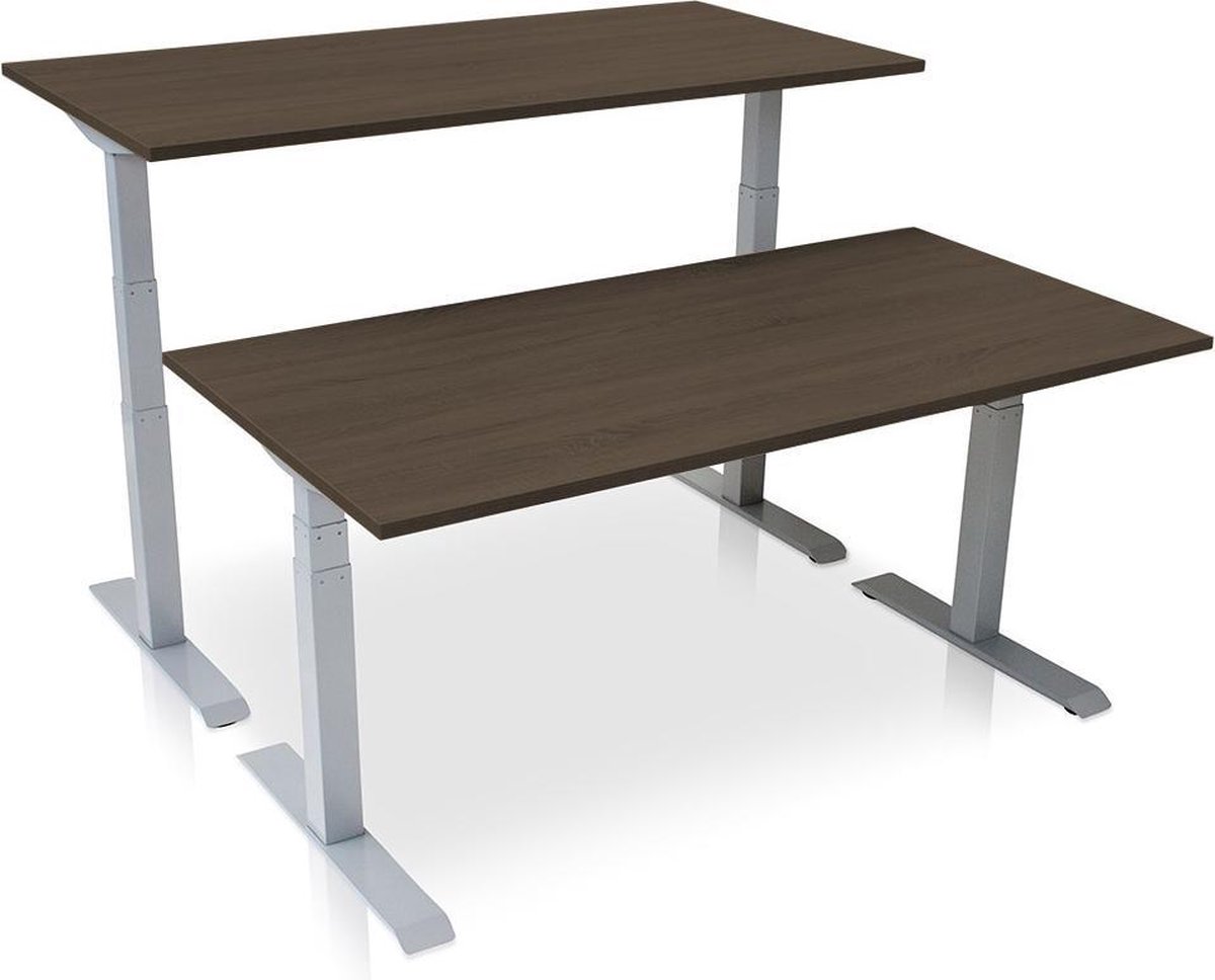 Lineaflex MRC Zit-sta bureau elektrisch verstelbaar - MRC PRO NEN-EN 527 | 140 x 80 cm | frame aluminium - blad bruin eiken | Memory functie met USB | 150kg draagvermogen Aluminium frame