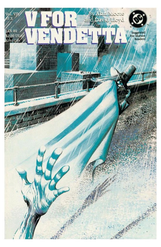 V for Vendetta comic cover, met een hand en een cape in de regen. V For Vendetta, door Alan Moore en David Lloyd.