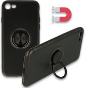 iPhone 7, 8 & SE 2020 Hoesje Zwart - Siliconen Back Cover met Ring Kickstand - Geschikt voor Magneet Houders