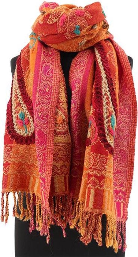 Oranje wollen kasjmier sjaal met borduursel - 180 x 70 cm - 100% wol | bol
