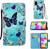 Hoesje voor Samsung Galaxy A41 - flip book case cover met koord en ruimte voor pasjes en print - Hoesje met leuk printje - prachtig Vlinders (turkoois) rint hoesje voor Samsung A41