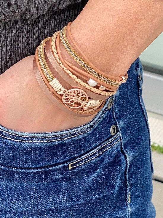 Bracelet dames en or rose 19,5 cm - bracelet en cuir design Galeara rose avec des nuances de sable dames arbre de vie Galeara design