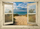 Tuinposter - 130x95 cm - beige openslaand venster - duinen overgang - tuindecoratie - tuindoek - tuin decoratie - tuinposters buiten - tuinschilderij