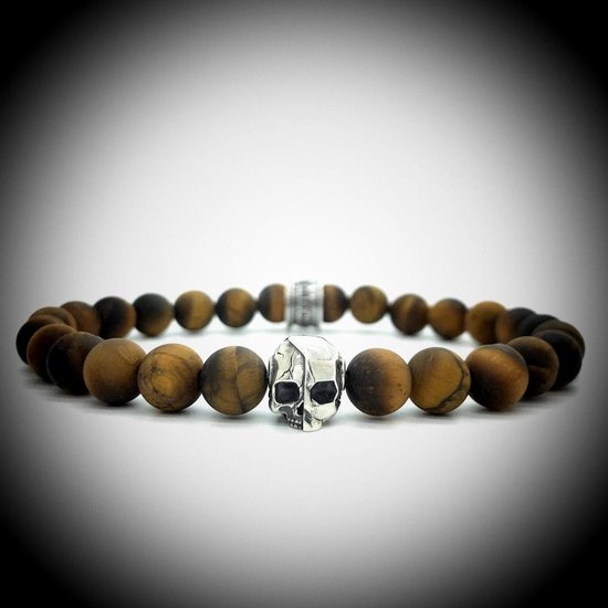 Natuursteen Armband met 925 Sterling Zilver Skull Bedel van 6.1gram Zilver , Handgemaakte Edelsteen Armband met 8mm (Matte Bruine Tijgeroog) kralen .