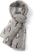 Lichte dames sjaal met snoezig pinguïn motief | grijs | mode accessoire | cadeau voor haar