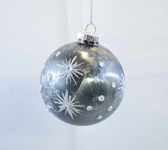 Kerstbal glas grijs ster deco wit 8 cm (2 doosjes á 3 stuks)