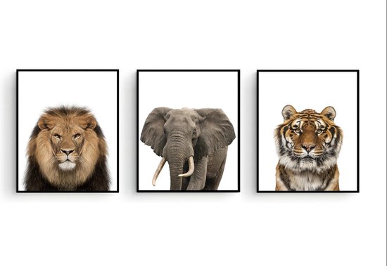 Poster Set 3 Jungle / Safari Leeuw Olifant Tijger - 30x21cm/A4 - Baby / Kinderkamer - Dieren Poster - Muurdecoratie