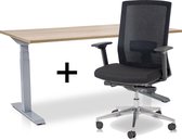 Zit-sta bureau elektrisch verstelbaar +  ERGO Bureaustoel | MRC PRO NEN-EN 527 Thuiswerkset | frame bureau aluminium - bureaublad midden eiken| 120x80 cm