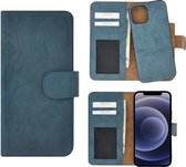 iPhone 12 hoesje - Bookcase - Portemonnee Hoes 2in1 Uitneembaar Echt leer Wallet case Washed Turquoise