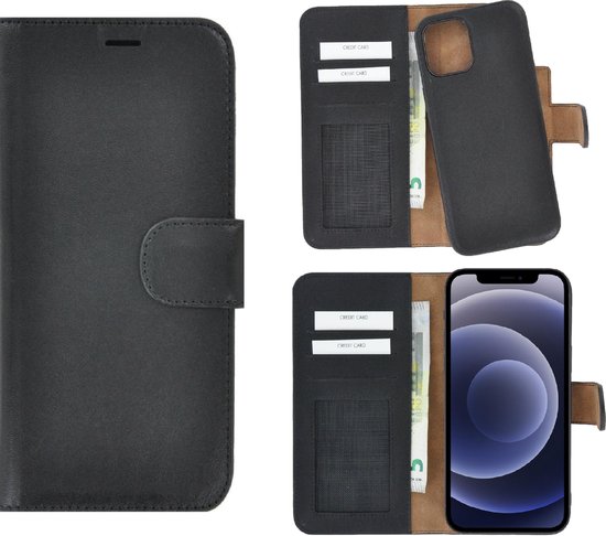 Etui iPhone 12 Mini - Bookcase - Etui Portefeuille 2in1 Etui Portefeuille Amovible en Cuir Véritable Zwart