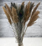 Pampasgras | Pampas pluimen gedroogd | 10 stuks rietpluimen/pampas pluimen naturel gecombineerd met 5 stuks pauwenveren | Droogbloemen boeket | 70cm