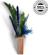 Droogbloemen | Boeket Blauw/Groen - Dried Flowers Green/Blue - INCLUSIEF HOUTEN VAAS - Droogbloemen in vaas - DROOGBLOEMEN.ONLINE