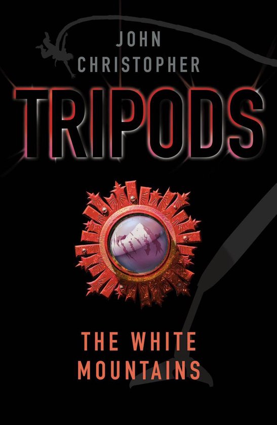 Boekomslag met de titel "Tripods" van John Christopher, "The White Mountains". Rood, gesp-achtig medaillon met afbeelding van een berglandschap.