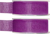 2x Hobby/decoratie paarse organza sierlinten 2,5 cm/25 mm x 20 meter - Cadeaulint organzalint/ribbon - Striklint linten paars