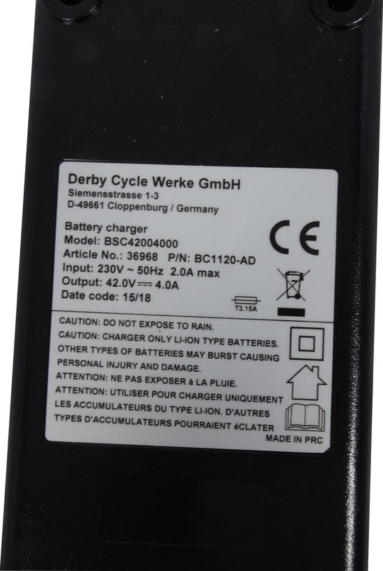 Derby Cycle - Elektrische fietsoplader - 36V 4A - met blade-aansluiting -  5-polig | bol.com
