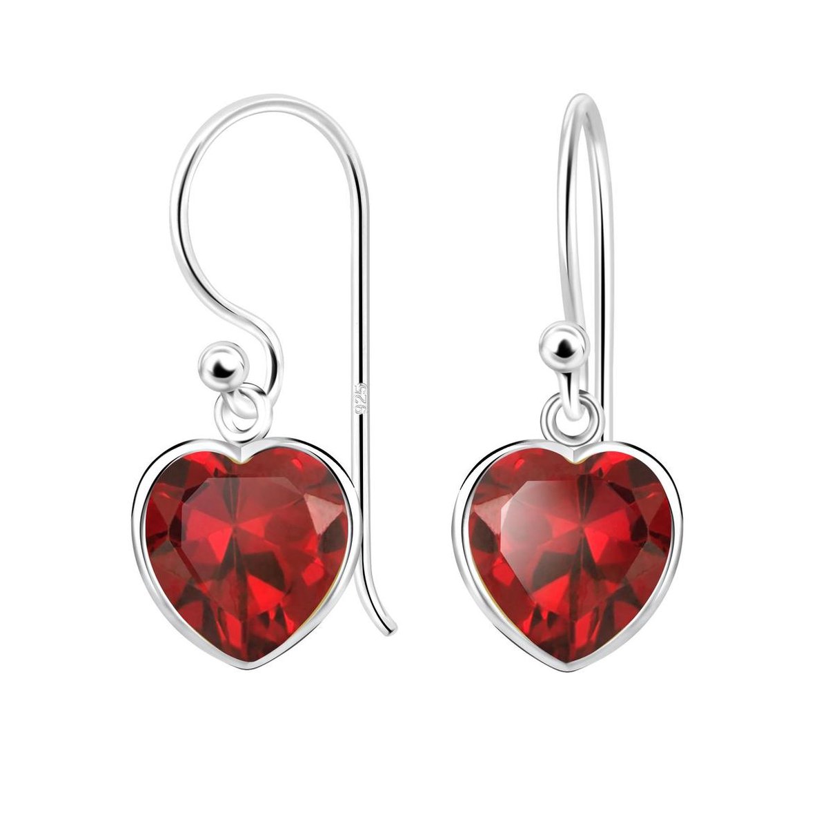 Joy|S - Zilveren hart oorbellen - 8 mm hart zirkonia rood oorhangers