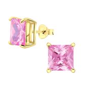 Joy|S - Zilveren vierkant oorbellen - 8 mm zirkonia roze - 14k goudplating