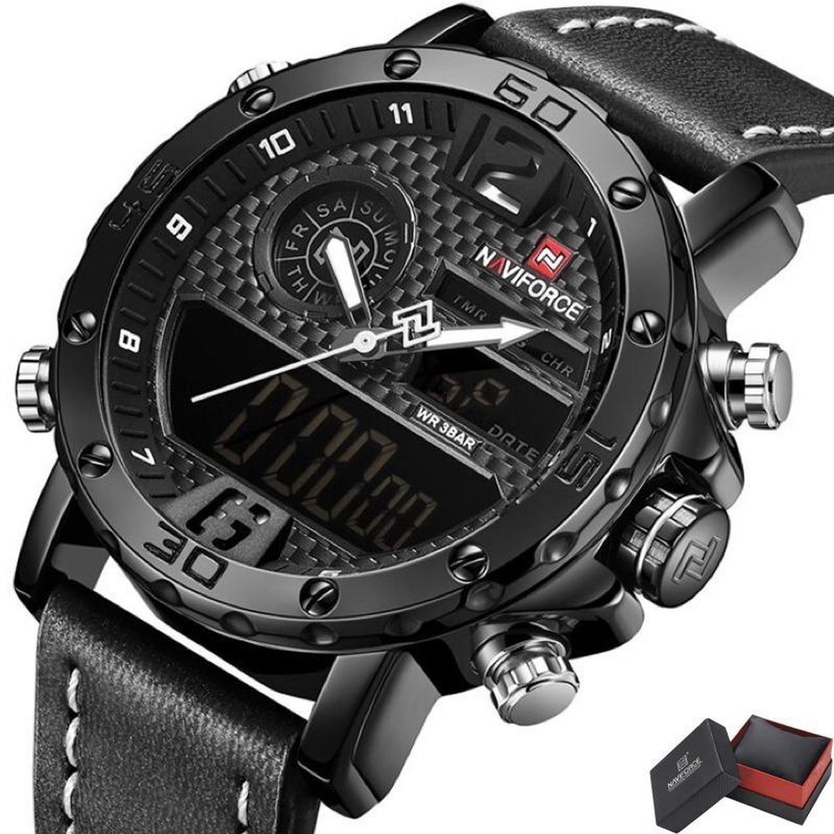 Naviforce® Horloges voor Mannen Digitale Herenhorloge Jongens Heren - Valentijn Cadeautje voor Hem - Digitaal Analoog Horloge Watch - Horlogebox Geschenkdoos - Zwart Wit