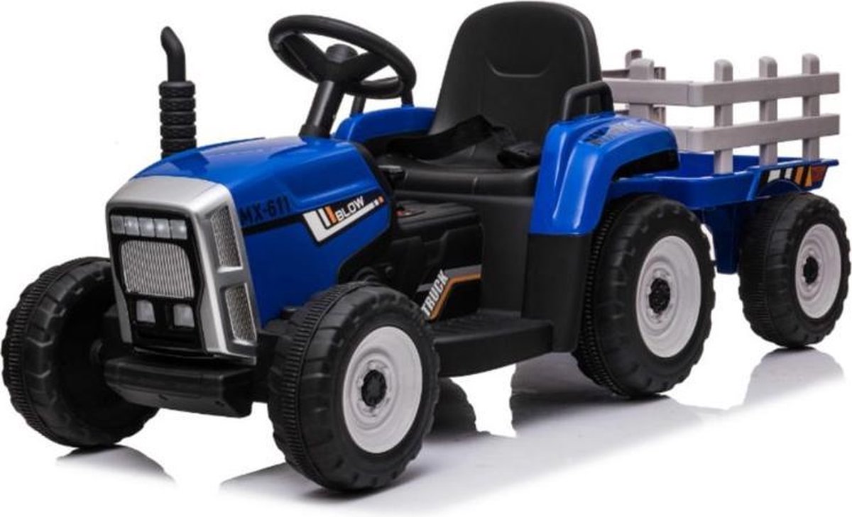 Bladeren verzamelen Ongelijkheid spuiten Tractor elektrisch 12V blauw + trailer, elektrische kinder tractor | bol.com