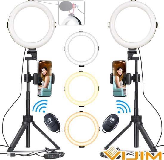 2x VIJIM Ringlamp met statief - telefoonhouder en bluetooth afstandsbediening - Instagram / YouTube / TikTok lamp - 71,5cm hoog - 800 Lumen - Zwart