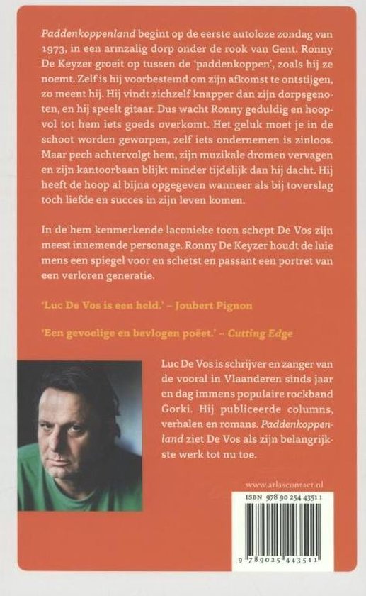 Achterkant boek 'Paddenkoppenland' met foto van Luc De Vos en tekst.