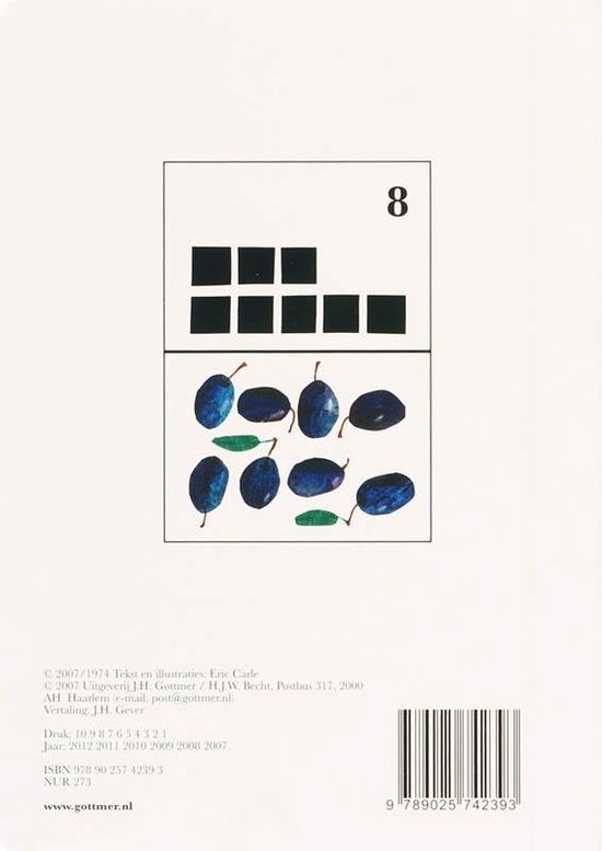 Mijn eerste boek over cijfers: acht blauwe pruimen en acht vierkanten, met cijfer 8.