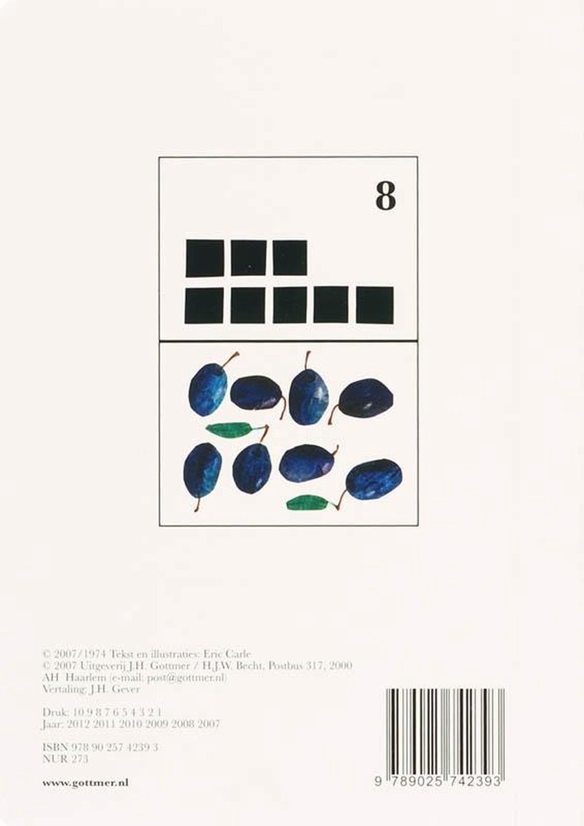 Mijn eerste boek over cijfers: acht blauwe pruimen en acht vierkanten, met cijfer 8.
