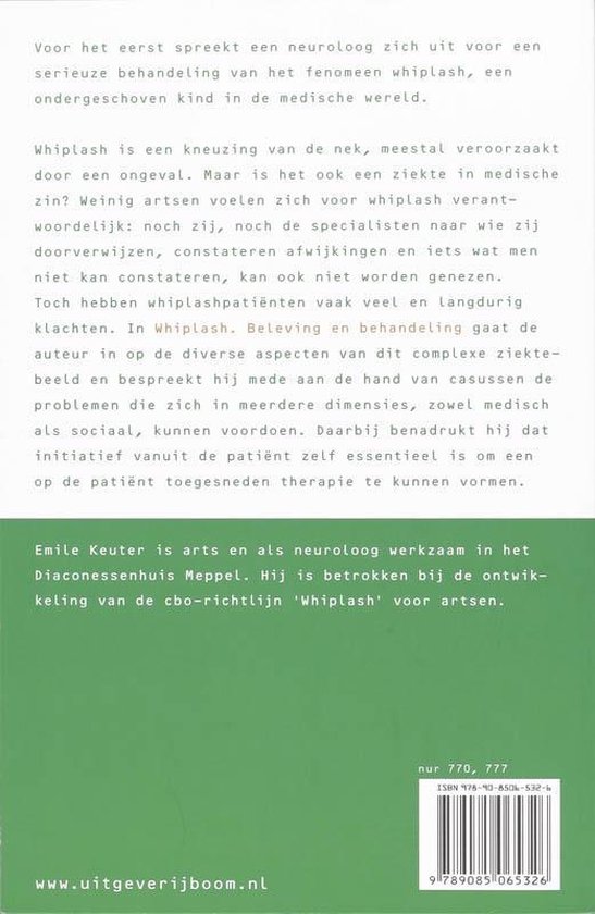 Achterkant boek over whiplash, met tekst en ISBN.