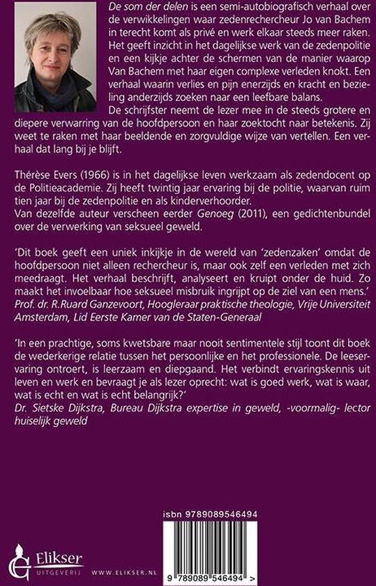 Achterpagina van 'De som der delen'. Bevat een portret van Thérèse Evers en informatie over het boek.